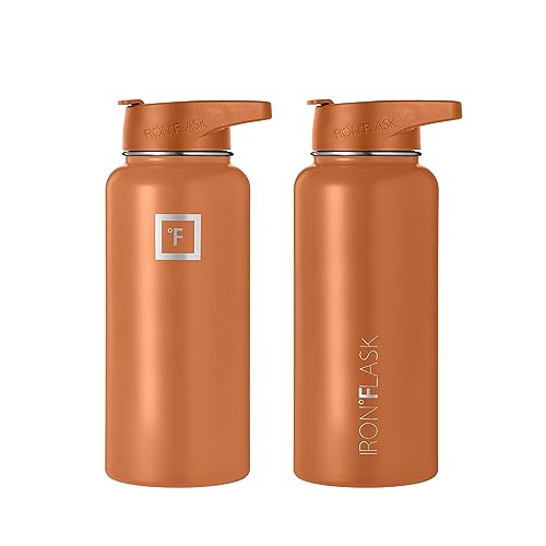 IRON °FLASK Sports Water Bottle - Wide Mouth with 3 Spout Lids - Stainless Steel Gym & Outdoor Bottles for Men, Women & Kids - Double Walled, Insulated Thermos, Metal Canteen - Clementine, 32 Oz
