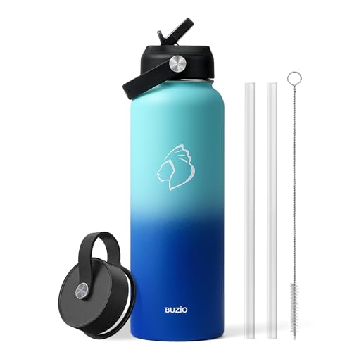 BUZIO Double Wall Stainless Steel Sports Wide Mouth Water Bottle, BPA-Free Flex Cap and Straw Lid, 40 Ounces & 32 Ounces Water Bottle, Sea Breeze