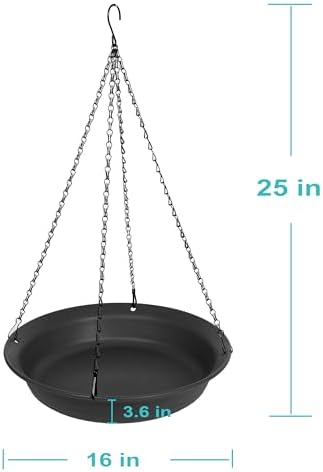 Hanging Bird Bath, Hanging Bird Water Feeder for Outdoors, Feeder Bowl, 1 Pack Birdbath Tray Accessories for Outside, Plastic Birdbaths Tray for Garden Patio Decoration (16", Dark Black)