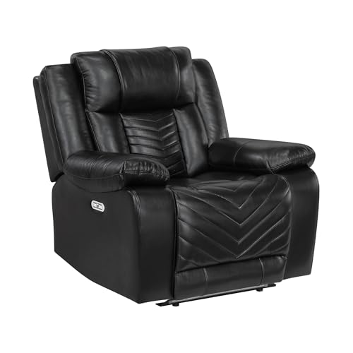 Lexicon Power Recliner Chair, Faux Leather Upholstered Home Theater Seating with LED Lighting, USB Charging Ports, Single Wall Hugger Reclining Chair for Living Room/Bedroom Easy Assembly, Black