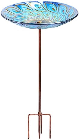 MUMTOP Glass Bird Bath, Garden Outdoor Birdbaths Birdfeeder with Metal Stake Peacock