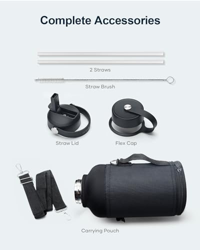 BUZIO 1 Gallon Water Bottle, 128oz Insulated Water Jug Double Walled Vacuum Stainless Steel Travel Flask (Cold for 48 Hrs), Leak Proof BPA-Free Large Canteen with Straw Lid, Black White