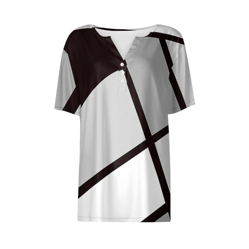 GZPINLU Day Deals Prime 2024 Today Summer Tops for Women 2024 Trendy Color Block Button V Neck T Shirts Short Sleeve Business Casual Cute Going Out Vacation Outfits Blusas Casuales De (Gray,L)