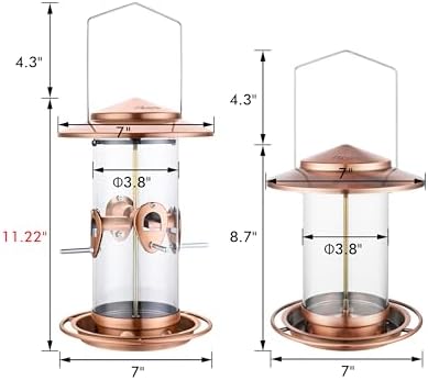 iBorn Metal Bird Feeder for Outside Hanging,Wild Bird Feeders for Cardinal,18cm Large Roof&Tray Brushed Copper 10 Port(Seed is not Included)