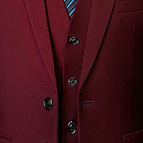 Casual 2 Button Suits for Men Slim Fit Notched Lapel Business Sets Solid Color Wedding Formal Jacket Vest Pants (Crimson,Medium)
