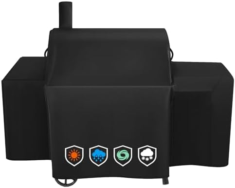 Heavy-Duty 600D Grill Cover fits for Char-Griller Smokin Champ 1624、Smoking Champ Offset Smoker 1733、Blazer 2130 and Classic 2175,Expansion Sleeves fit Around Side fire Box and Flue
