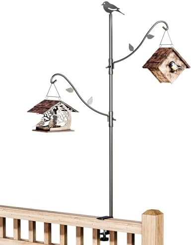 Idzo 42-Inch Adjustable Double Deck Hook for Railing, Shepherds Hooks for Outdoor Heavy-Duty with 3-Layer Coating, 5 Pounds Capacity Per Arm, Rust-Resistant Iron, Ideal for Bird Feeders and Planters