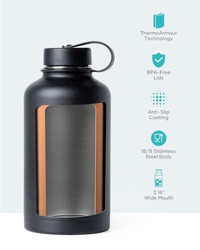 BUZIO Insulated Water Bottles 64oz with Straw Lid, Half Gallon Double Wall Stainless Steel Wide Mouth Water Bottle with Two Lids, Powder Coat Metal Water Jug Thermo Mug Metal Canteen, Keep Hot Cold
