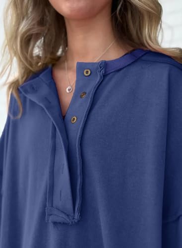 AlvaQ Women's Oversized T Shirts Short Sleeve Henley Neck Summer Tops Casual Loose Basic Tee Shirts 2024 Trendy Clothes Tunic Blouse Blue Large