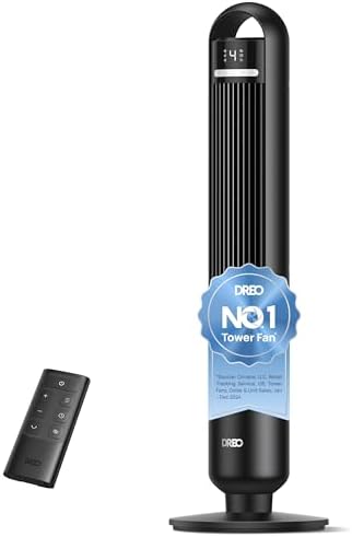 Dreo Tower Fan for Bedroom, 90Β° Oscillating Standing Fans for Room with 4 Speeds, 3 Modes, 28dB Quiet for Sleep, 25ft/s Velocity, 8H Timer, Remote, Living Room, Office, Home, Black, TF117