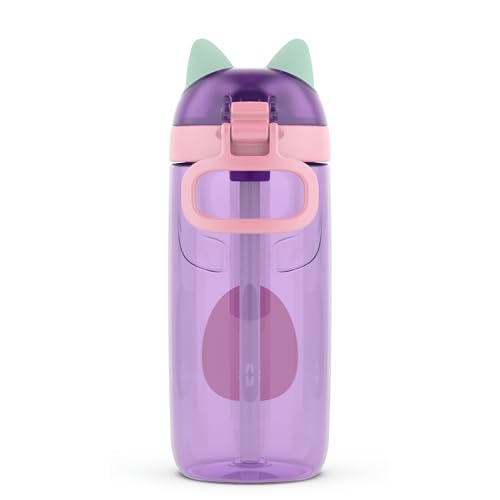 Ello Ellies 16oz Plastic Kids Water Bottle with Straw and Built-in Carrying Handle and Leak-Proof Locking Lid for School backpack, Lunchbox and Outdoor Sports, Cat
