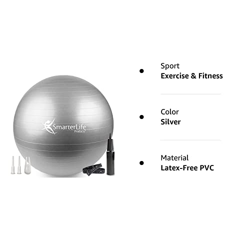 SmarterLife Workout Exercise Ball for Fitness, Yoga, Balance, Stability, or Birthing, Great as Yoga Ball Chair for Office or Exercise Gym Equipment for Home, Non-Slip Design (45 cm, Silver)