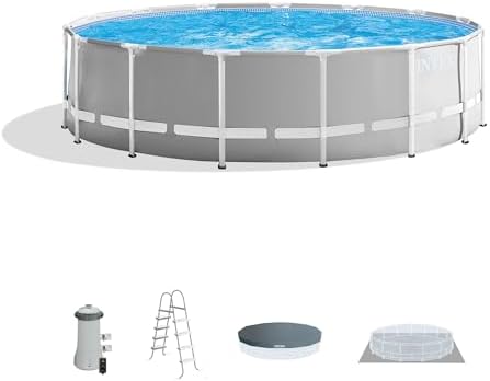 Intex 26725EH Prism Frame Premium Above Ground Swimming Pool Set: 15ft x 48in – Includes 1000 GPH Cartridge Filter Pump – Removable Ladder – Pool Cover – Ground Cloth