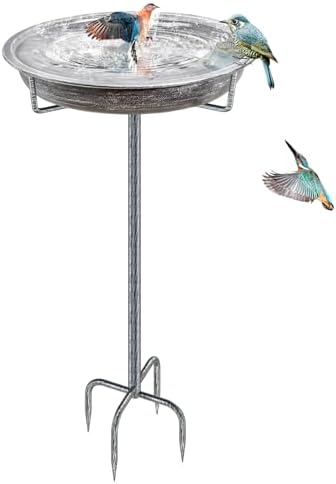 Metal Bird Bath for Outdoors Garden Birdbath Bowl, 36.2" Height Freestanding Bird Feeders for Outside with 4 Prongs Base Stake, Standing Birdfeeders for Yard Lawn Decor (Retro Silver)