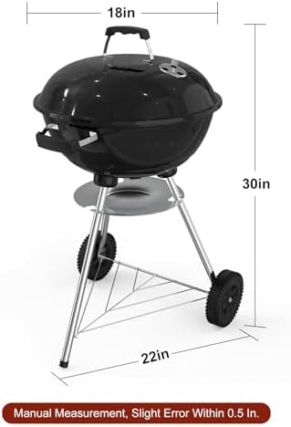 18 inch Charcoal Grill, Portable Kettle Barbecue Grills,Durable & Easy to Assemble, Round Smoker/BBQ Grill with Wheels for Backyard, Camping, Patio and Beach, Black