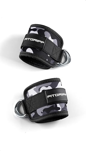 Fitgriff® Ankle Straps V1 for Cable Machine (2 Pieces) - Gym Workout Equipment - Leg Pulley Attachment, Kickback Straps (Camo-Grey)