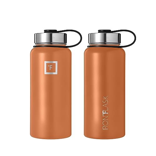 IRON °FLASK Sports Water Bottle - Wide Mouth with 3 Spout Lids - Stainless Steel Gym & Outdoor Bottles for Men, Women & Kids - Double Walled, Insulated Thermos, Metal Canteen - Clementine, 32 Oz