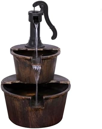Alpine Corporation - Outdoor Rustic 2-Tiered Barrel and Pump Water Fountain – Bronze Finish, Relaxing Water Flow, Ideal for Garden, Patio, & Yard Décor, 27"H