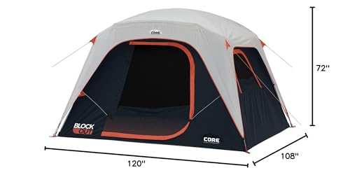 CORE Blackout 6 Person Dome Tent | Portable Car Camping Outdoor Family Dark Room Tent | Included Wall Organizer for Camping Accessories