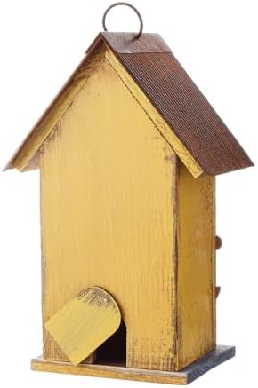 Glitzhome 10.2" H Hanging Bird House for Outdoor Patio Garden Decorative Birdhouse Pet Cottage Distressed Wooden Birdhouse, Yellow Flower