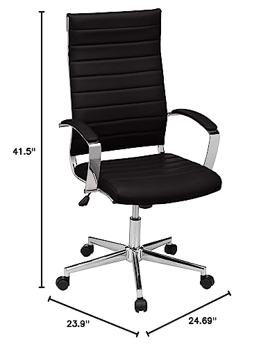 Amazon Basics High-Back Swivel Desk Chair, Ergonomic Ribbed Faux Leather Upholstery, Lumbar Support, Home Modern Style, Black, 45.25" x 24.75" x 23.25"