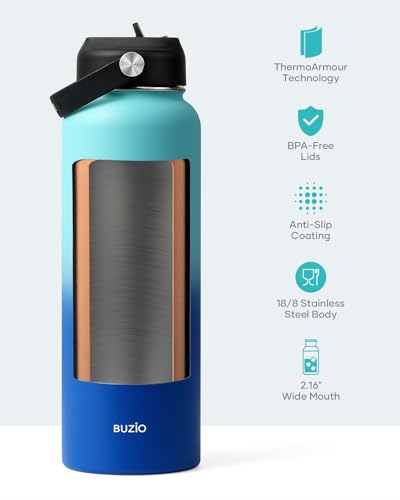 BUZIO Double Wall Stainless Steel Sports Wide Mouth Water Bottle, BPA-Free Flex Cap and Straw Lid, 40 Ounces & 32 Ounces Water Bottle, Sea Breeze