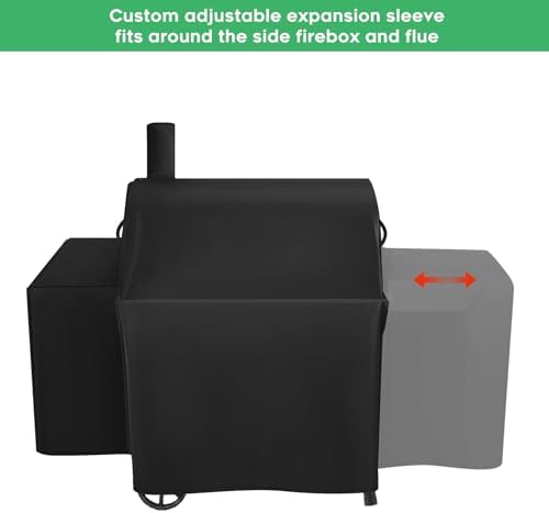 Heavy-Duty 600D Grill Cover fits for Char-Griller Smokin Champ 1624、Smoking Champ Offset Smoker 1733、Blazer 2130 and Classic 2175,Expansion Sleeves fit Around Side fire Box and Flue