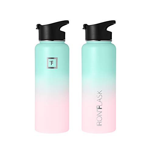 IRON °FLASK Camping & Hiking Hydration Flask, Wide Mouth, 3 Spout Lids, Stainless Steel Outdoor Water Bottle, Double Walled, Insulated Thermos, Metal Canteen - Bubble Gum, 40 Oz