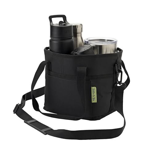 NoNa & Bee 4 Water Bottle Holder with Strap | Family Size 4 Compartment Drink Bag, Multiple Tumbler Carrier Caddy | Adjustable Fits Large & Small Drinks | Hands Free, Won't Tip Over in Car (Black)