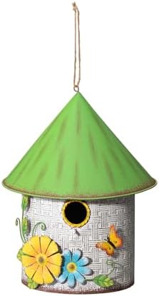 Glitzhome 11" H Distressed Metal Cottage Decorative Birdhouse with a Cluster of 3D Flowers and Butterfly Hanging Bird House for Garden Patio Backyard