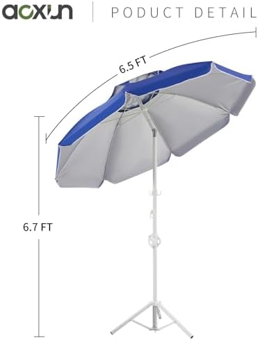 Aoxun Portable Umbrella with Stand, 6.5ft Sun Shade Umbrella with Stand, Lightweight Adjustable Standing with Sand Anchor and Carry Bag, Instant Sun Protection, Easy to Carry, Blue