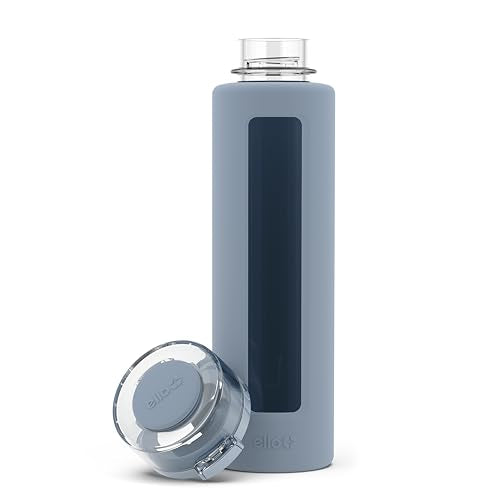 Ello Syndicate 20oz Reusable Glass Water Bottle with One-Touch Leak Proof Flip Lid, Protective Non-Slip Silicone Sleeve, Carry Loop for Coffee, Tea and Water, BPA-free, Dishwasher Safe, Tech Blue