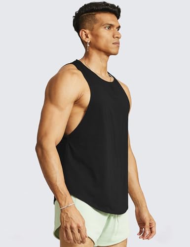 Ouber Men’s Drop Arm Tank Top Gym Workout T-Shirts Sleeveless Muscle Shirts for Bodybuilding, Black M