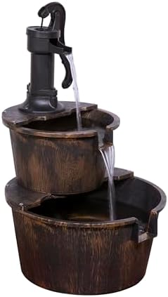 Alpine Corporation - Outdoor Rustic 2-Tiered Barrel and Pump Water Fountain – Bronze Finish, Relaxing Water Flow, Ideal for Garden, Patio, & Yard Décor, 27"H
