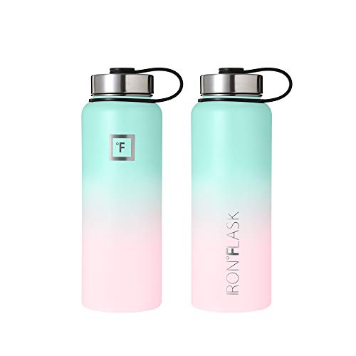 IRON °FLASK Camping & Hiking Hydration Flask, Wide Mouth, 3 Spout Lids, Stainless Steel Outdoor Water Bottle, Double Walled, Insulated Thermos, Metal Canteen - Bubble Gum, 40 Oz