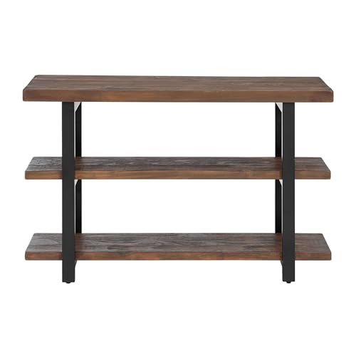 Alaterre Furniture Pomona 48" Solid Pine Wood Media Console Table with 2 Open Shelves and Metal Legs - 3-Tier Storage Display and Rustic Industrial Accent Furniture in Natural Finish