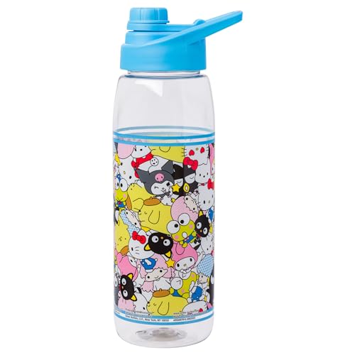 Silver Buffalo Sanrio Hello Kitty and Friends Featuring Badtz-Maru, Keroppi, My Melody, Pochacco, Chococat, Pompompurin, Kuromi, and Little Twin Stars Water Bottle with Screw Lid, 28 Ounces