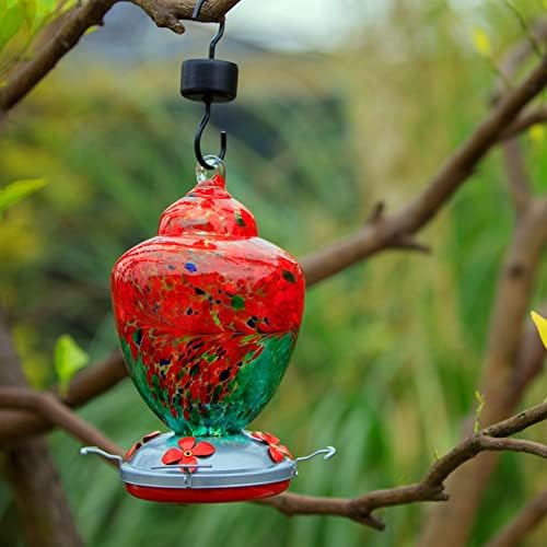 REZIPO Hummingbird Feeder with Perch - Hand Blown Glass - 38 Fluid Ounces Hummingbird Nectar Capacity Include Hanging Wires and Moat Hook (Red-Green)