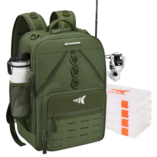 KastKing Karryall Medium Fishing Tackle Backpack With Rod Holder, 4 Tackle Boxes, Water-resistant Fishing Bag Storage Fishing Gear and Equipment