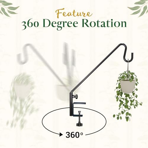 Idzo 18 Inch Railing Hook, Deck Hook for Bird Feeder Pole, Durable 3-Layer Powder Coated Steel, Shepherds Hooks for Outdoor, 360° Rotation, Sturdy Deck Railing Bracket for Hanging Decorations, Black