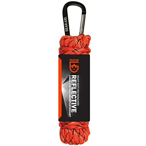 GEAR AID 550 Paracord and Carabiner, 7 Strand Utility Cord for Camping and Survival, Orange Reflective, 30 ft