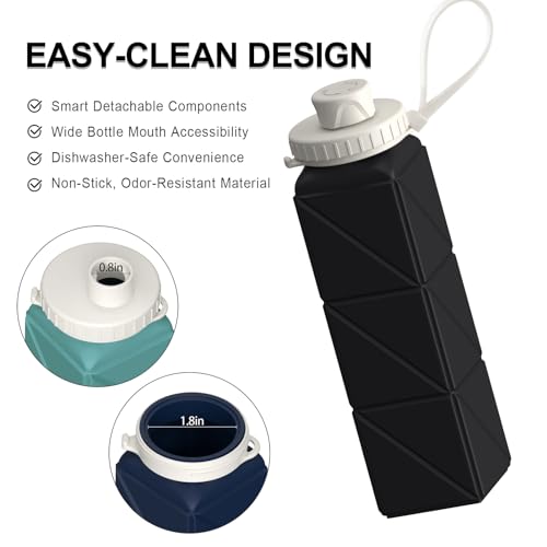Collapsible Water Bottles with Straw, BEAUTAIL Silicone Foldable Portable Water Bottle 610ml Lightweight Reusable Leakproof for Travel Camping Hiking Cycling Sports, 4 Pack (Black+Dark Blue+Blue+Pink)
