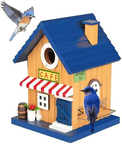 Colorful Bluebird House - Solid Cedar Wood Bird House + Feeder - Stainless Hardware - 2 Optional Hole Size 1.5" /1.25" - Post Mountable Multi-Functional (American Cafe)