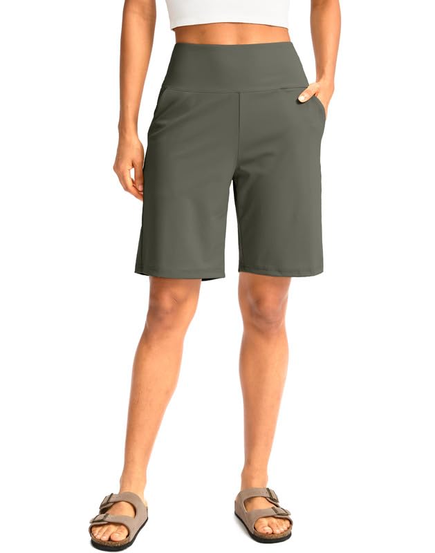 G Gradual Women's Bermuda Long Shorts with Pockets High Waisted Knee Length Shorts for Women Walking Athletic Workout(Grey Sage,XXL)