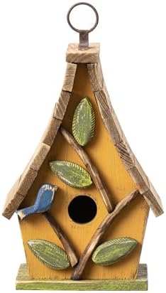 Glitzhome Bird Houses for Outside, Bluebird Houses for Outdoors, 9.5"H Hanging Bird House Decorative Solid Wood Birdhouse with Natural Wood Pallet Roof for Hummingbird,Sparrow,Wren Finch,Washed Yellow
