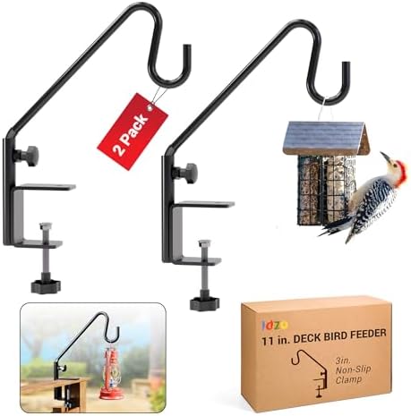 Idzo Deck Bird Feeder Hanger for Railing, 11inch Deck Hook for Bird Feeder Pole, Durable 3 Layers Powder Coated & Sturdy 1 Piece Solid Steel Construction for Hanging Decorations, 2 Pack