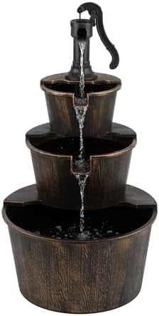 Alpine Corporation TEC234BR Outdoor Floor Tiered Rustic Pump and Barrel Water Fountain, Old-Fashioned Waterfall, 40", Brown