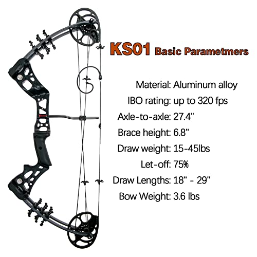WUXLISTY Youth Compound Bow Set 15-45 Lbs for Teens and Beginner, Package with Archery Hunting Equipment, 5 Pin Sight, Max Speed 320fps, Adjustable, Right Hand, Black