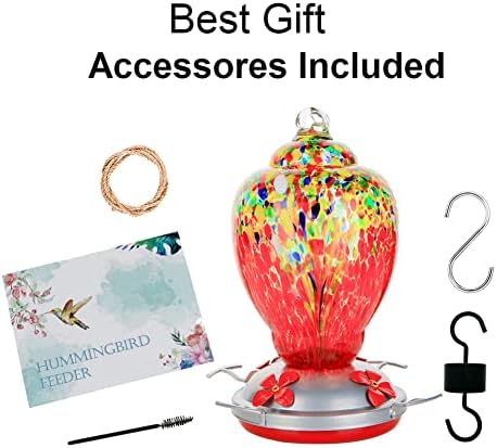 WOSIBO Hummingbird Feeder for Outdoors Patio Large 32 Ounces Colorful Hand Blown Glass Hummingbird Feeder with Ant Moat Hanging Hook, Rope, Brush and Service Card (Red-Sunrise)