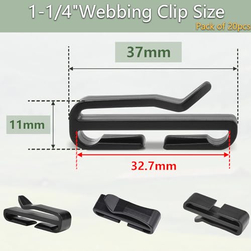 1-1/4" Plastic Webbing Ending Clip, 20 Pack Tactical Molle Belt Clip Hook, Hiking Camping Outdoor Backpack Strap Keeper Clips Slip Clip Buckle Helmet Goggle Strap Clip Replacement